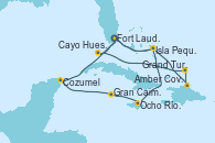 Visitando Fort Lauderdale (Florida/EEUU), Isla Pequeña (San Salvador/Bahamas), Ocho Ríos (Jamaica), Gran Caimán (Islas Caimán), Cozumel (México), Fort Lauderdale (Florida/EEUU), Isla Pequeña (San Salvador/Bahamas), Amber Cove (República Dominicana), Grand Turks(Turks & Caicos), Cayo Hueso (Key West/Florida), Fort Lauderdale (Florida/EEUU)