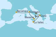 Visitando Bari (Italia), Corfú (Grecia), La Valletta (Malta), Messina (Sicilia), Civitavecchia (Roma), Barcelona