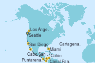 Visitando Seattle (Washington/EEUU), Los Ángeles (California), San Diego (California/EEUU), Cabo San Lucas (México), Puntarenas (Costa Rica), Canal Panamá, Canal Panamá, Colón (Panamá), Cartagena de Indias (Colombia), Miami (Florida/EEUU)
