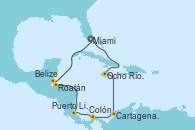 Visitando Miami (Florida/EEUU), Ocho Ríos (Jamaica), Cartagena de Indias (Colombia), Colón (Panamá), Puerto Limón (Costa Rica), Roatán (Honduras), Belize (Caribe), Miami (Florida/EEUU)