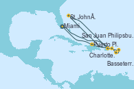 Visitando Miami (Florida/EEUU), Charlotte Amalie (St. Thomas), Basseterre (Antillas), Philipsburg (St. Maarten), St. John´s (Antigua y Barbuda), San Juan (Puerto Rico), Puerto Plata, Republica Dominicana, Miami (Florida/EEUU)