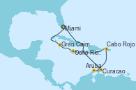 Visitando Miami (Florida/EEUU), Curacao (Antillas), Aruba (Antillas), Cabo Rojo, Ocho Ríos (Jamaica), Gran Caimán (Islas Caimán), Miami (Florida/EEUU)