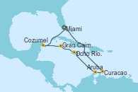 Visitando Miami (Florida/EEUU), Curacao (Antillas), Aruba (Antillas), Ocho Ríos (Jamaica), Gran Caimán (Islas Caimán), Cozumel (México), Miami (Florida/EEUU)