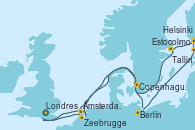 Visitando Londres (Reino Unido), Ámsterdam (Holanda), Berlín (Alemania), Tallin (Estonia), Helsinki (Finlandia), Estocolmo (Suecia), Copenhague (Dinamarca), Zeebrugge (Bruselas), Londres (Reino Unido)