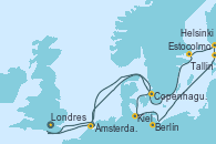 Visitando Londres (Reino Unido), Copenhague (Dinamarca), Kiel (Alemania), Berlín (Alemania), Tallin (Estonia), Helsinki (Finlandia), Estocolmo (Suecia), Ámsterdam (Holanda), Londres (Reino Unido)