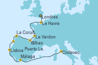 Visitando Londres (Reino Unido), Le Havre (Francia), Le Verdon (Francia), Bilbao (España), La Coruña (Galicia/España), Puerto Leixões (Portugal), Lisboa (Portugal), Málaga, Civitavecchia (Roma)