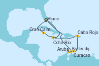 Visitando Miami (Florida/EEUU), Gran Caimán (Islas Caimán), Ocho Ríos (Jamaica), Miami (Florida/EEUU), Kralendijk (Antillas), Aruba (Antillas), Curacao (Antillas), Cabo Rojo, Ocho Ríos (Jamaica), Miami (Florida/EEUU)