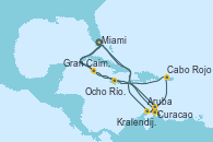 Visitando Miami (Florida/EEUU), Curacao (Antillas), Aruba (Antillas), Cabo Rojo, Ocho Ríos (Jamaica), Gran Caimán (Islas Caimán), Miami (Florida/EEUU), Gran Caimán (Islas Caimán), Ocho Ríos (Jamaica), Curacao (Antillas), Kralendijk (Antillas), Aruba (Antillas), Miami (Florida/EEUU)