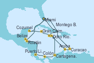 Visitando Miami (Florida/EEUU), Curacao (Antillas), Aruba (Antillas), Ocho Ríos (Jamaica), Gran Caimán (Islas Caimán), Cozumel (México), Miami (Florida/EEUU), Montego Bay (Jamaica), Cartagena de Indias (Colombia), Colón (Panamá), Puerto Limón (Costa Rica), Roatán (Honduras), Belize (Caribe), Miami (Florida/EEUU)