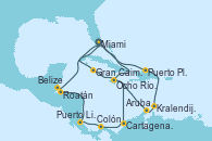 Visitando Miami (Florida/EEUU), Gran Caimán (Islas Caimán), Ocho Ríos (Jamaica), Aruba (Antillas), Kralendijk (Antillas), Puerto Plata, Republica Dominicana, Miami (Florida/EEUU), Ocho Ríos (Jamaica), Cartagena de Indias (Colombia), Colón (Panamá), Puerto Limón (Costa Rica), Roatán (Honduras), Belize (Caribe), Miami (Florida/EEUU)