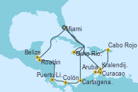 Visitando Miami (Florida/EEUU), Curacao (Antillas), Kralendijk (Antillas), Aruba (Antillas), Cabo Rojo, Ocho Ríos (Jamaica), Miami (Florida/EEUU), Ocho Ríos (Jamaica), Cartagena de Indias (Colombia), Colón (Panamá), Puerto Limón (Costa Rica), Roatán (Honduras), Belize (Caribe), Miami (Florida/EEUU)