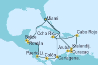 Visitando Miami (Florida/EEUU), Ocho Ríos (Jamaica), Cartagena de Indias (Colombia), Colón (Panamá), Puerto Limón (Costa Rica), Roatán (Honduras), Belize (Caribe), Miami (Florida/EEUU), Curacao (Antillas), Kralendijk (Antillas), Aruba (Antillas), Cabo Rojo, Ocho Ríos (Jamaica), Miami (Florida/EEUU)