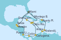 Visitando Miami (Florida/EEUU), Montego Bay (Jamaica), Cartagena de Indias (Colombia), Colón (Panamá), Puerto Limón (Costa Rica), Roatán (Honduras), Belize (Caribe), Miami (Florida/EEUU), Gran Caimán (Islas Caimán), Ocho Ríos (Jamaica), Aruba (Antillas), Kralendijk (Antillas), Puerto Plata, Republica Dominicana, Miami (Florida/EEUU)