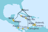 Visitando Miami (Florida/EEUU), Gran Caimán (Islas Caimán), Ocho Ríos (Jamaica), Curacao (Antillas), Kralendijk (Antillas), Aruba (Antillas), Miami (Florida/EEUU), Ocho Ríos (Jamaica), Cartagena de Indias (Colombia), Colón (Panamá), Puerto Limón (Costa Rica), Roatán (Honduras), Belize (Caribe), Miami (Florida/EEUU)