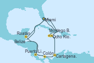 Visitando Miami (Florida/EEUU), Ocho Ríos (Jamaica), Cartagena de Indias (Colombia), Colón (Panamá), Puerto Limón (Costa Rica), Roatán (Honduras), Belize (Caribe), Miami (Florida/EEUU), Montego Bay (Jamaica), Cartagena de Indias (Colombia), Colón (Panamá), Puerto Limón (Costa Rica), Roatán (Honduras), Belize (Caribe), Miami (Florida/EEUU)