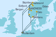 Visitando Rotterdam (Holanda), Eidfjord (Hardangerfjord/Noruega), Olden (Noruega), Aalesund (Noruega), Bergen (Noruega), Rotterdam (Holanda), Oslo (Noruega), Kristiansand (Noruega), SANDNESS (STAVANGER), Skjolden (Noruega), Rotterdam (Holanda)
