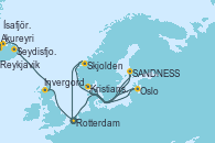 Visitando Rotterdam (Holanda), Oslo (Noruega), Kristiansand (Noruega), SANDNESS (STAVANGER), Skjolden (Noruega), Rotterdam (Holanda), Invergordon (Escocia), Seydisfjordur (Islandia), Akureyri (Islandia), Ísafjörður (Islandia), Reykjavik (Islandia)
