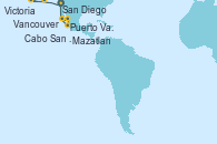 Visitando San Diego (California/EEUU), Cabo San Lucas (México), Mazatlan (México), Puerto Vallarta (México), San Diego (California/EEUU), Victoria (Canadá), Vancouver (Canadá)