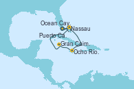 Visitando Puerto Cañaveral (Florida), Nassau (Bahamas), Ocho Ríos (Jamaica), Gran Caimán (Islas Caimán), Ocean Cay MSC Marine Reserve (Bahamas), Puerto Cañaveral (Florida), Nassau (Bahamas), Ocean Cay MSC Marine Reserve (Bahamas), Puerto Cañaveral (Florida)
