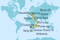 Visitando Ciudad del Cabo (Sudáfrica), Durban (Sudáfrica), Pointe des Galets (Francia), Port Louis  (Mauricio), Antsiranana (Diego Suarez/Madagascar), Nosy Be (Madagascar), Puerto Victoria (Seychelles), Aqaba (Jordania), Sharm El Sheik (Egipto), Canal Suez, Canal Suez, Rodas (Grecia), Heraklion (Creta), Génova (Italia)