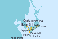 Visitando Tokio (Japón), Shimizu (Japón), Kochi (Japón), Beppu (Japón), Hiroshima (Japón), Fukuoka (Japón), Busán (Corea del Sur), Nagasaki (Japón), Kagoshima (Japón), Osaka (Japón)