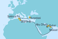 Visitando Abu Dhabi (Emiratos Árabes Unidos), Dubai, Muscat (Omán), Sharm El Sheik (Egipto), Sokhna Port (Egipto), Kusadasi (Efeso/Turquía)