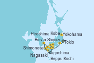 Visitando Tokio (Japón), Kobe (Japón), Kagoshima (Japón), Nagasaki (Japón), Nagasaki (Japón), Busán (Corea del Sur), Shimonoseki, Hiroshima (Japón), Beppu (Japón), Kochi (Japón), Shimizu (Japón), Yokohama (Japón)