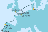 Visitando Lisboa (Portugal), Oporto (Portugal), Vigo (España), Le Havre (Francia), Southampton (Inglaterra), Brujas (Bélgica), Kiel (Alemania)