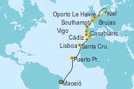 Visitando Maceió (Brasil), Puerto Praia (Cabo Verde), Santa Cruz de Tenerife (España), Casablanca (Marruecos), Cádiz (España), Lisboa (Portugal), Oporto (Portugal), Vigo (España), Le Havre (Francia), Southampton (Inglaterra), Brujas (Bélgica), Kiel (Alemania)