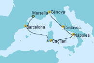 Visitando Marsella (Francia), Barcelona, Cagliari (Cerdeña), Nápoles (Italia), Civitavecchia (Roma), Génova (Italia)