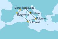 Visitando Savona (Italia), Marsella (Francia), Barcelona, La Goulette (Tunez), Palermo (Italia), Civitavecchia (Roma), Savona (Italia)