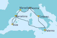 Visitando Savona (Italia), Marsella (Francia), Ibiza (España), Barcelona, Palermo (Italia), Civitavecchia (Roma), Savona (Italia)