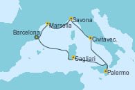 Visitando Barcelona, Cagliari (Cerdeña), Palermo (Italia), Civitavecchia (Roma), Savona (Italia), Marsella (Francia), Barcelona