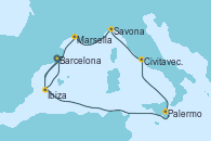 Visitando Barcelona, Ibiza (España), Palermo (Italia), Civitavecchia (Roma), Savona (Italia), Marsella (Francia), Ibiza (España), Barcelona