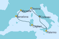 Visitando Civitavecchia (Roma), Savona (Italia), Marsella (Francia), Barcelona, Cagliari (Cerdeña), Palermo (Italia), Civitavecchia (Roma)