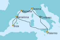 Visitando Civitavecchia (Roma), Savona (Italia), Marsella (Francia), Ibiza (España), Barcelona, Palermo (Italia), Civitavecchia (Roma)