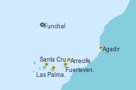 Visitando Funchal (Madeira), Santa Cruz de Tenerife (España), Arrecife (Lanzarote/España), Agadir (Marruecos), Fuerteventura (Canarias/España), Las Palmas de Gran Canaria (España), Funchal (Madeira)