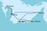 Visitando Doha (Catar), Dubai, Dubai, Sir Bani Yas Is (Emiratos Árabes Unidos), Abu Dhabi (Emiratos Árabes Unidos), Bahrein (Emiratos Árabes Unidos), Doha (Catar)