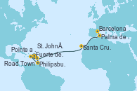 Visitando Fuerte de France (Martinica), Pointe a Pitre (Guadalupe), Philipsburg (St. Maarten), Road Town (Isla Tórtola/Islas Vírgenes), St. John´s (Antigua y Barbuda), Santa Cruz de Tenerife (España), Palma de Mallorca (España), Barcelona