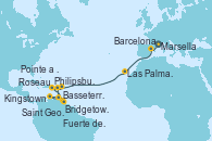 Visitando Marsella (Francia), Barcelona, Las Palmas de Gran Canaria (España), Philipsburg (St. Maarten), Basseterre (Antillas), Roseau (Dominica), Bridgetown (Barbados), Saint George (Grenada), Kingstown (Granadinas), Fuerte de France (Martinica), Pointe a Pitre (Guadalupe)