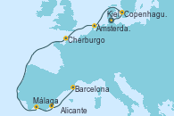Visitando Kiel (Alemania), Copenhague (Dinamarca), Ámsterdam (Holanda), Cherburgo (Francia), Málaga, Alicante (España), Barcelona