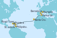 Visitando Pointe a Pitre (Guadalupe), Philipsburg (St. Maarten), Road Town (Isla Tórtola/Islas Vírgenes), St. John´s (Antigua y Barbuda), Santa Cruz de Tenerife (España), Palma de Mallorca (España), Barcelona, Marsella (Francia)