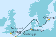 Visitando Hamburgo (Alemania), Zeebrugge (Bruselas), Cherburgo (Francia), Le Havre (Francia), Southampton (Inglaterra), Hamburgo (Alemania)