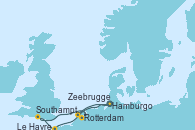 Visitando Hamburgo (Alemania), Rotterdam (Holanda), Zeebrugge (Bruselas), Southampton (Inglaterra), Le Havre (Francia), Hamburgo (Alemania)
