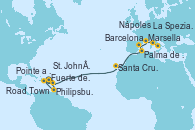 Visitando Fuerte de France (Martinica), Pointe a Pitre (Guadalupe), Philipsburg (St. Maarten), Road Town (Isla Tórtola/Islas Vírgenes), St. John´s (Antigua y Barbuda), Santa Cruz de Tenerife (España), Palma de Mallorca (España), Barcelona, Marsella (Francia), La Spezia, Florencia y Pisa (Italia), Nápoles (Italia)