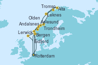 Visitando Rotterdam (Holanda), Eidfjord (Hardangerfjord/Noruega), Olden (Noruega), Aalesund (Noruega), Bergen (Noruega), Rotterdam (Holanda), Aalesund (Noruega), Trondheim (Noruega), Tromso (Noruega), Alta (Noruega), Alta (Noruega), Leknes (Noruega), Andalsnes (Noruega), Bergen (Noruega), Lerwick (Escocia), Rotterdam (Holanda)