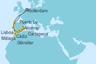 Visitando Rotterdam (Holanda), Lisboa (Portugal), Lisboa (Portugal), Cádiz (España), Málaga, Alicante (España), Cartagena (Murcia), Gibraltar (Inglaterra), Puerto Leixões (Portugal), Rotterdam (Holanda)