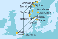 Visitando Rotterdam (Holanda), Oslo (Noruega), Skagen (Dinamarca), SANDNESS (STAVANGER), Skjolden (Noruega), Rotterdam (Holanda), Eidfjord (Hardangerfjord/Noruega), Aalesund (Noruega), Trondheim (Noruega), Andalsnes (Noruega), Olden (Noruega), Stavanger (Noruega), Kristiansand (Noruega), Oslo (Noruega), Oslo (Noruega), Dover (Inglaterra), Rotterdam (Holanda)