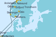 Visitando Rotterdam (Holanda), Eidfjord (Hardangerfjord/Noruega), Aalesund (Noruega), Trondheim (Noruega), Andalsnes (Noruega), Olden (Noruega), Stavanger (Noruega), Kristiansand (Noruega), Oslo (Noruega), Oslo (Noruega), Dover (Inglaterra), Rotterdam (Holanda)