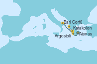 Visitando Atenas (Grecia), Katakolon (Olimpia/Grecia), Corfú (Grecia), Argostoli (Grecia), Bari (Italia)